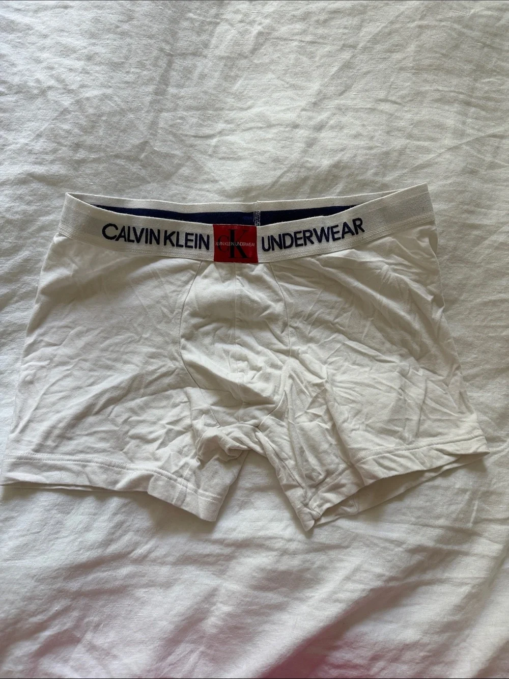 Calvin Klein White Men's Boxer Briefs with Navy Logo Waistband and Red Accent